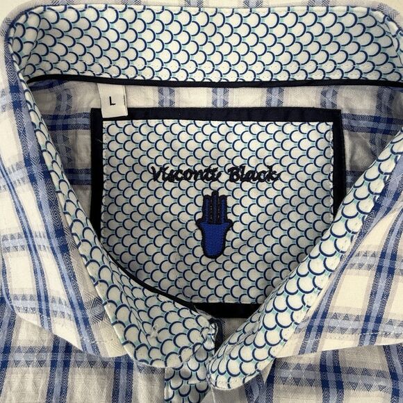 Visconti Black Shirt Mens L Large Blue Geometric Long Sleeve Button Up Flip Cuff - Picture 6 of 9